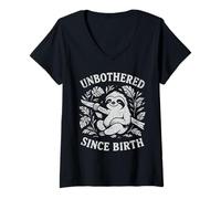 Womens Unbothered Since Birth Sloth Cottagecore Forest V-Neck T-Shirt