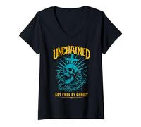 Womens Unchained Set Free by Christ Christian Gothic Skull Cross V-Neck T-Shirt