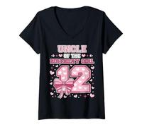 Womens Uncle of The Birthday Girl Pink “12” Heart Bow Coquette Bow V-Neck T-Shirt