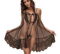 Women's Underwear Sexy Lace See Through Sleeping Dress Hot Large Set Lingerie for Women with Stockings Black