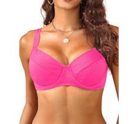 Women's Underwire Push Up Bikini Top - Ribbed Swim Bra 2025 Large Bust Bathing Suit Tops, Pink, Large