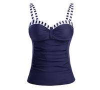 Women's Underwire Tankini Top Only Tummy Control Swimsuit Top Push Up Bathing Suit Top No Bottom(Navy Blue White Stripes,XXL)
