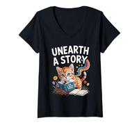 Women's Unearth A Story ; Cute Kitten Reads a Book V-Neck T-Shirt
