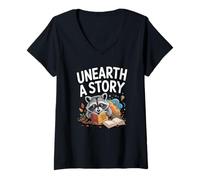 Womens Unearth a Story Reading Raccoon V-Neck T-Shirt