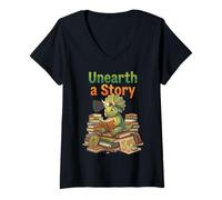 Women's Unearth a Story Triceratops Dinosaur Reading Books Cute Dino V-Neck T-Shirt