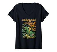 Womens Unemployed Friend at 2PM - Funny Dinosaur UFO Chaos Design V-Neck T-Shirt