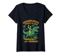 Womens Unemployed Friend at 2PM - Funny Dinosaur UFO Chaos Design V-Neck T-Shirt