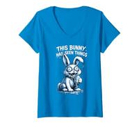 Women's Unhinged Bunny Has Seen Things Easter Rabbit V-Neck T-Shirt