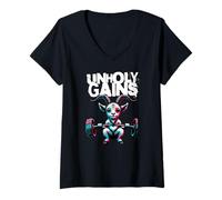 Womens Unholy Gains Satanic Workout Devil Worship Goat Baphomet Gym V-Neck T-Shirt