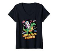 Womens Unicorn Astronaut Riding T Rex Dinosaur in Space Dino V-Neck T-Shirt