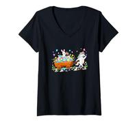 Women's Unicorn Carrying Bunnies Easter Chocolate Eggs Colorful V-Neck T-Shirt