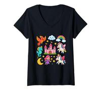 Womens Unicorn Castle Rainbow Dreams Fantasy V-Neck T-Shirt