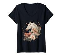 Womens Unicorn Floral Fall Autumn Moon Magical Fantasy Mythic Women V-Neck T-Shirt