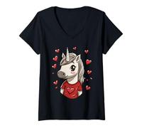 Womens Unicorn Hearts Women's Love Valentine's Day Girls Unicorn V-Neck T-Shirt