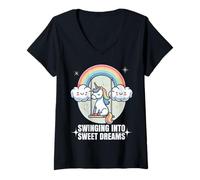 Womens Unicorn in the Clouds. Swinging into Sweet Dreams. V-Neck T-Shirt