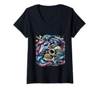Women's Unicorn Skull Cosmic Horror Nightmare Skeleton Skulls Dead V-Neck T-Shirt