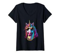 Womens Unicorn With Sunglasses, Cool Funny Rebel Boss Hip Unicorn V-Neck T-Shirt