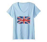 Womens Union Jack British Flag Vintage Grunge Ripped United Kingdom V-Neck T-Shirt