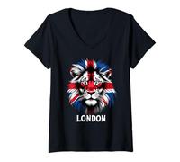 Womens Union Jack Flag Lion Design United Kingdom London V-Neck T-Shirt
