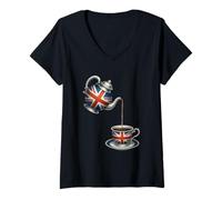 Womens Union Jack Flag Vintage British Teapot & Teacup V-Neck T-Shirt
