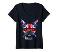 Womens Union Jack French Bulldog British Flag Frenchie Dog V-Neck T-Shirt