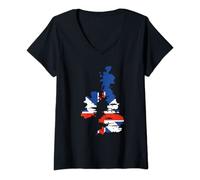 Womens Union Jack Grunge Effect Map British Isles Great Britain V-Neck T-Shirt