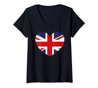 Womens Union Jack Heart British England V-Neck T-Shirt
