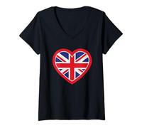 Womens Union Jack Heart, I Love The United Kingdom, UK, England, V-Neck T-Shirt