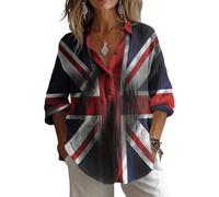 Women's Union Jack Long Sleeve Shirt, Great Britain Flag Print, Button Down Casual Top (UK, Alpha, 4XL, Regular, Regular, #9)