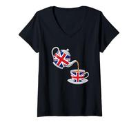 Women's Union Jack Teapot Teacup British Tea Lover Great Britain V-Neck T-Shirt