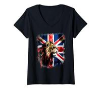 Womens Union Jack UK Flag Lion Face V-Neck T-Shirt