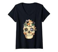 Women's Unique Skull Art Mushroom Design for Nature Lovers V-Neck T-Shirt