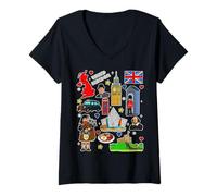 Womens United Kingdom Icons, British Landmarks, UK Culture Souvenir V-Neck T-Shirt