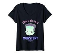 Womens Universal Monsters Frankenstein Anime Who’s The Real Monster V-Neck T-Shirt