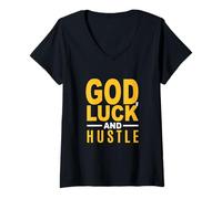 Women's University Varsity-Gold Color God, Luck and Hustle Yellow V-Neck T-Shirt