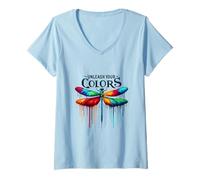 Women's Unleash Your Colors Vibrant Paint Drip Dragonfly Art V-Neck T-Shirt