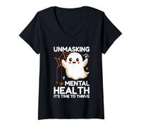 Women's Unmasking Mental Health It's Time to Thrive Halloween V-Neck T-Shirt