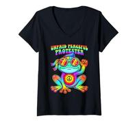 Women's Unpaid Peaceful Protester Funny Frog Hippie Protester Meme V-Neck T-Shirt
