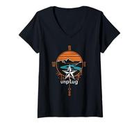 Womens Unplug and Explore the Great Outdoors Hiking Wind Rose V-Neck T-Shirt