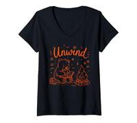 Women's Unwind Bear Coloring Book Campfire Relaxation V-Neck T-Shirt