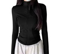Women's UPF 50+ Full Zip Up Cropped Jacket UK Ladies Athletic Jacket Stand Collar Slim Fit Long Sleeve Lightweight Quick Dry Yoga Running Gym Workout Top Rash Guard Soft Stretch Outdoor Fitness Black