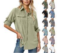Women's UPF 50 Shirts Ladies Sun Protection Blouses Solid Colour Shirt Long Sleeve Safari Sweatshirts Quick Dry Tshirts Buttons Up Tops Lightweight Thin Jumpers Fishing Travelling Outdoor Streetwear