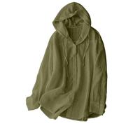 Women's UPF 50+ Sun Protection Shirts Cotton Linen Lightweight Summer Hoodies Long Sleeve Button Front UV Shirts Solid Color Casual Drawstring Hooded Sun Shirt for Outdoor Sports Hiking Army Green