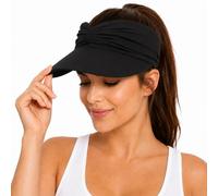 Women's UPF 50+ UV Protection Sun Visor Hat, Wide Brim Twist Front Ponytail Cap for Beach, Golf, Travel (Black)
