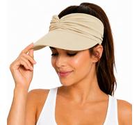 Women's UPF 50+ UV Protection Sun Visor Hat, Wide Brim Twist Front Ponytail Cap for Beach, Golf, Travel (Beige)