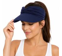 Women's UPF 50+ UV Protection Sun Visor Hat, Wide Brim Twist Front Ponytail Cap for Beach, Golf, Travel (Navy Blue)