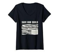 Women's Upside Down American Flag Patriotic 4th July Save Our Souls V-Neck T-Shirt