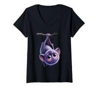 Womens Upside Down Bat - Cute Big Eyes Kawaii Animal Design V-Neck T-Shirt