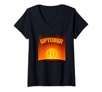 Womens Uptober Bitcoin Sunrise Crypto Optimistic Fly to The Moon V-Neck T-Shirt