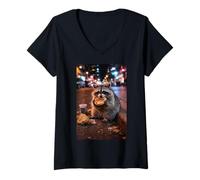 Women's Urban Racoon Enjoying A Midnight Bagel V-Neck T-Shirt